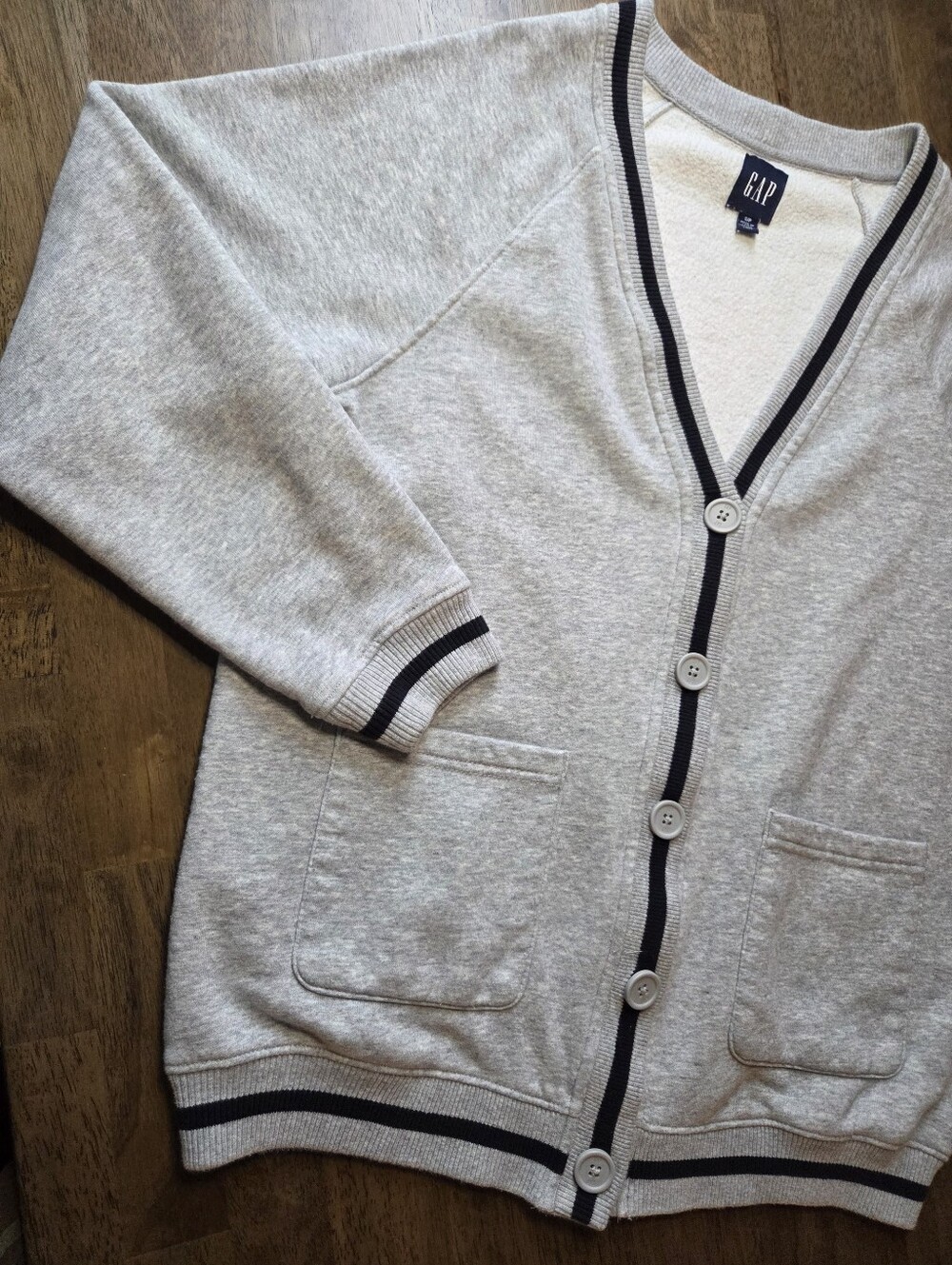 Vintage Varsity Oversized GAP Light Gray Cardigan with Navy Trim
